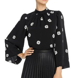 Kate Spade Black Floral Mock Neck Blouse Womens XL Puff Bell Sleeve Crepe Top